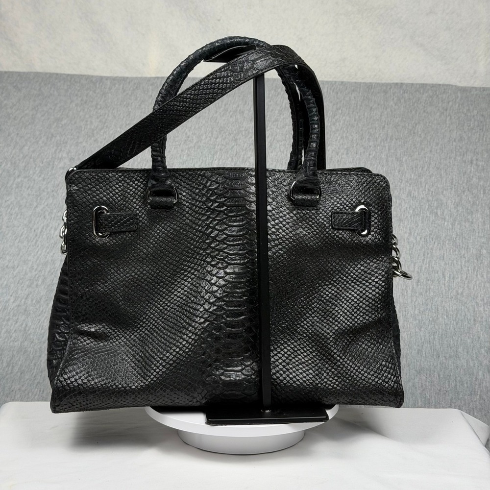 Michael Kors Hamilton Black Snakeskin Embossed Leather Satchel Handbag Silver HW - Picture 3 of 11